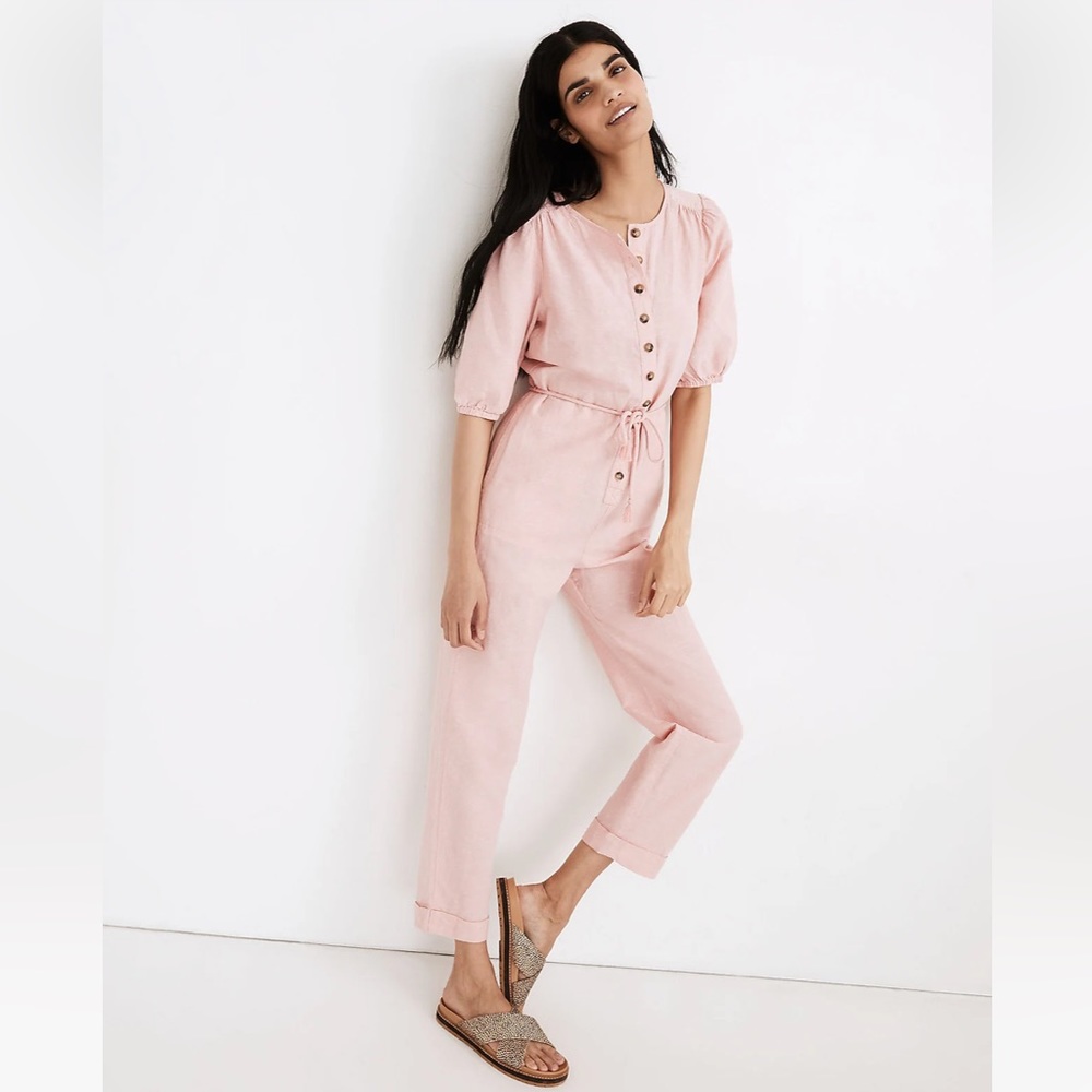 NWT Madewell Linen-Blend Puff-Sleeve Tassel-Tie Jumpsuit